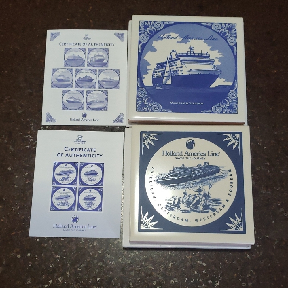 2 Holland America Cruise Line Ship Blue Delft Ceramic Tile Coasters